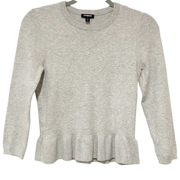 Express Gray Peplum Crew Neck Ruffle Hem Sweater S Office Wear Casual - Picture 1 of 9